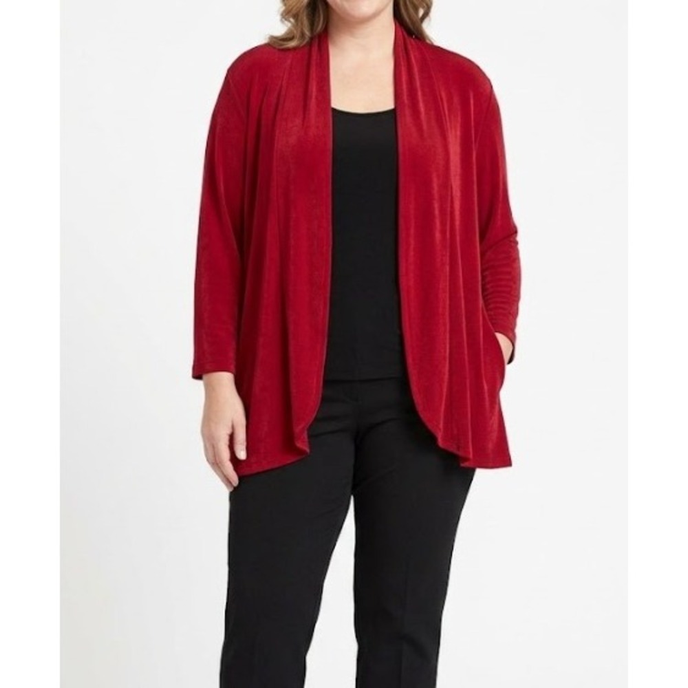 Chico's Travelers Cardigan size XL/3 Red Open Front Slinky Knit Draped Stretch